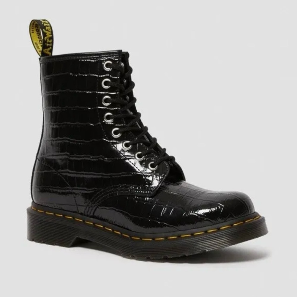 Dr. Martens 1460 Black Croc Patent Lamper Boots, Women's US 8